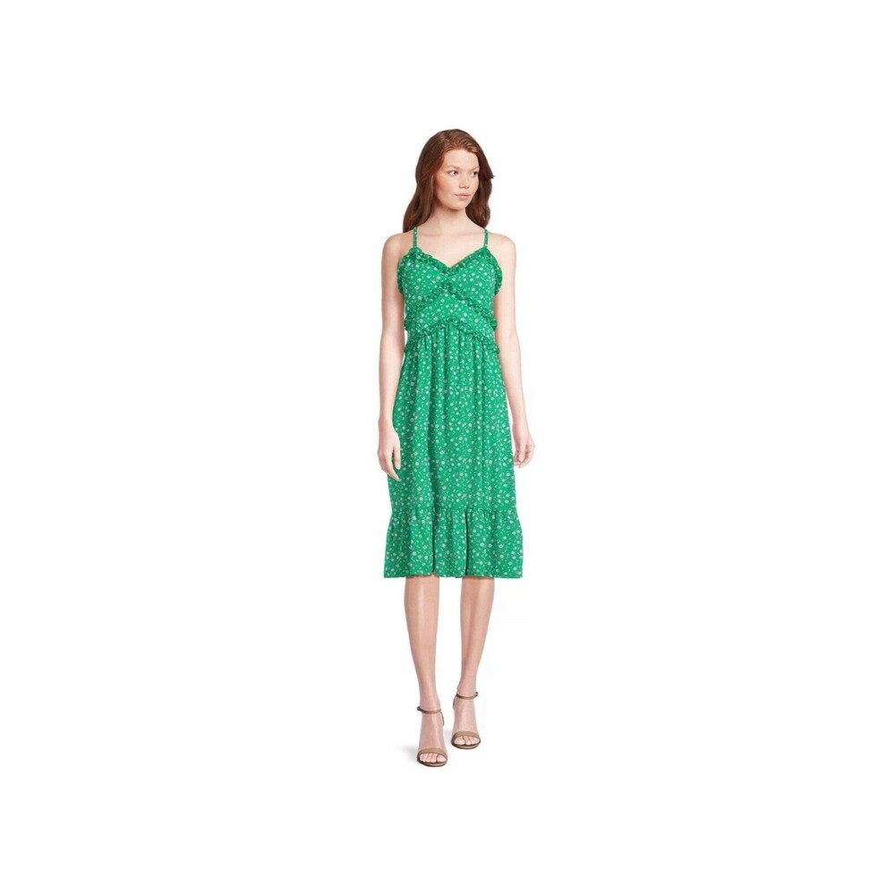 No Boundaries Jrs Green Floral Ruffle Midi Dress Boho Peasant Sweetheart Neck XL